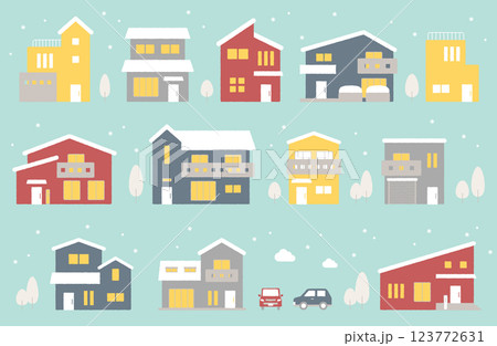 冬の住宅建物ベクターイラストセット シンプル かわいい 家 住宅街 冬の住宅建物ベクターイラストセット シンプル かわいい 家 住宅街 123772631