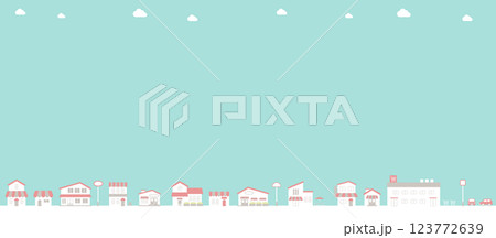 青空の町並み背景ベクターイラスト シンプル コピースペース 背景 街並み 商店街 お店 ショップ 123772639