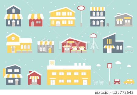冬のお店・商業施設ベクターイラストセット ショップ 雪景色 スーパーマーケット レストラン  123772642
