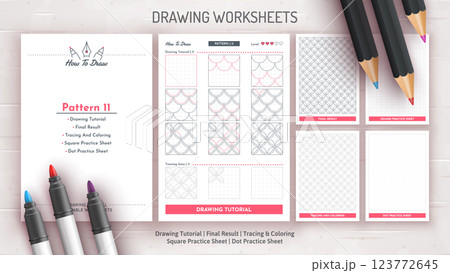 How to Draw a Pattern. Step by Step Drawing Tutorial. Draw Guide Worksheet. Simple Instruction for Kids and Adults 123772645