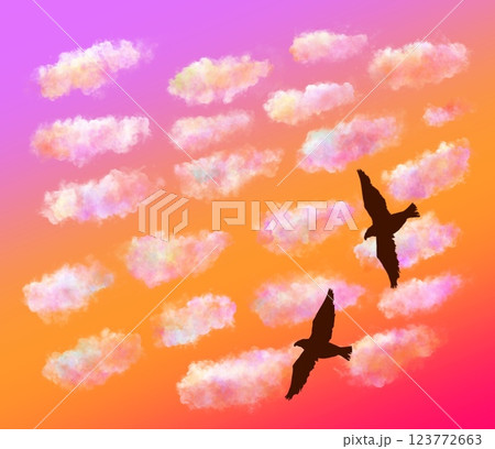 夕焼け空に浮かぶいわし雲を縫うように飛ぶ2羽の鳥 123772663
