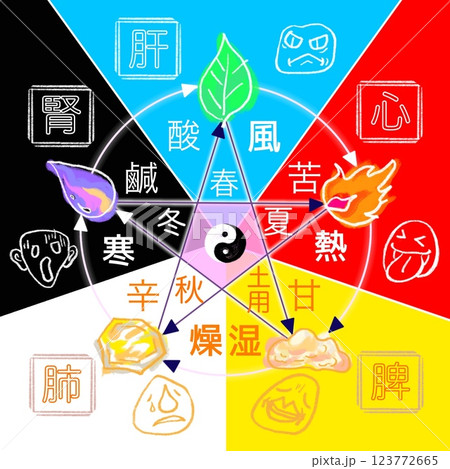 陰陽五行の相関図【五志五官イラストあり】 陰陽五行の相関図【五志五官イラストあり】 123772665