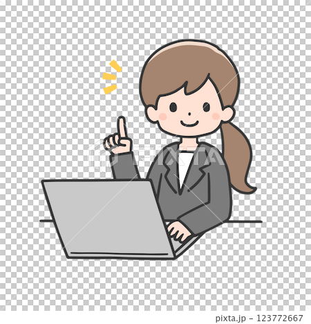 パソコンの前で指差しポーズをするスーツ姿の女性 パソコンの前で指差しポーズをするスーツ姿の女性 123772667