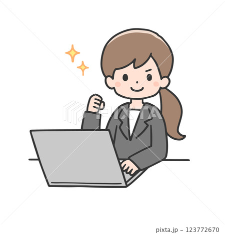 パソコンの前でガッツポーズをするスーツ姿の女性 123772670