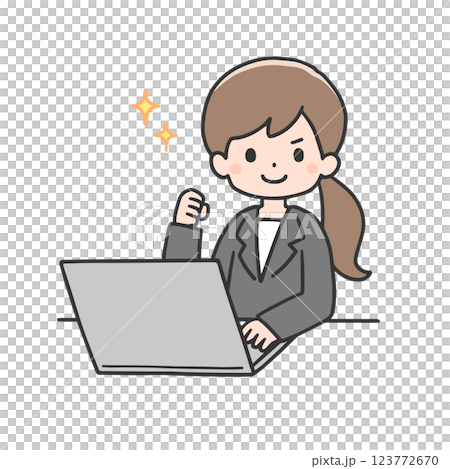 パソコンの前でガッツポーズをするスーツ姿の女性 123772670