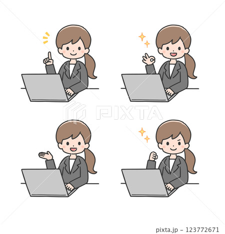 いろいろなポーズでパソコンを操作するスーツ姿の女性のセット 123772671