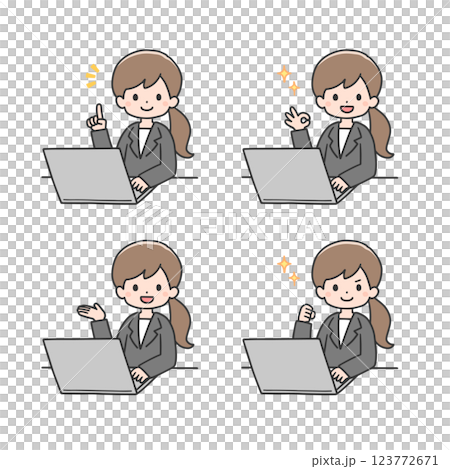 いろいろなポーズでパソコンを操作するスーツ姿の女性のセット 123772671