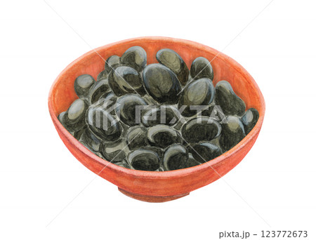 水彩で描いた赤い器に盛りつけた黒豆のイラスト 123772673