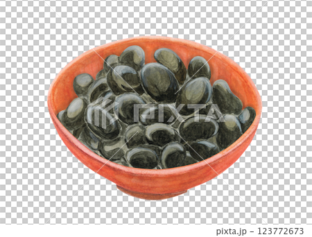 水彩で描いた赤い器に盛りつけた黒豆のイラスト 123772673