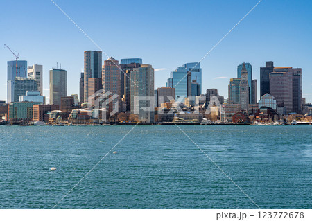 View of Boston skyline and skyscrapers in February winter seen from Piers Park in Boston, MA 123772678