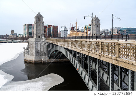 Red Line T train running across Long Fellow Brige over Charles River in Boston, MA 123772684
