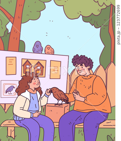 People interacting with bird in park scene with trees and wooden fence colorful characters on bench with birdhouse display educational theme 123772699