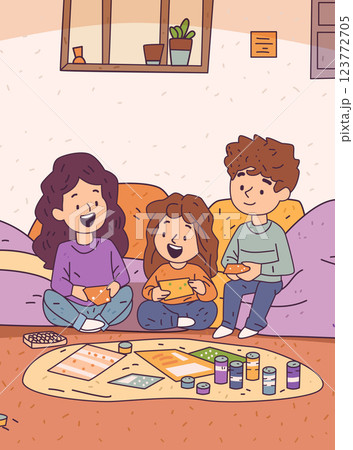 Family game night cozy living room playful scene with three people enjoying board games colorful decor warm atmosphere home leisure activity 123772705