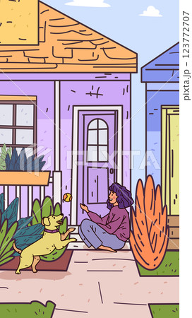 Woman playing with dog outside purple house cozy neighborhood setting plants colorful design elements 123772707