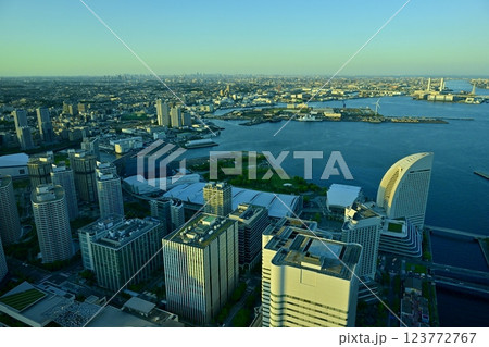 横浜ランドマークタワー展望所からみなとみらい地区の俯瞰と東京ビル群遠望 123772767