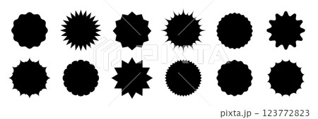 Star round sticker tag icon shape pack. Circle starburst label shape for promo, sale, price offer badge sticker. Round tag shape vector icon. Sale, promo label color design. Vector 123772823
