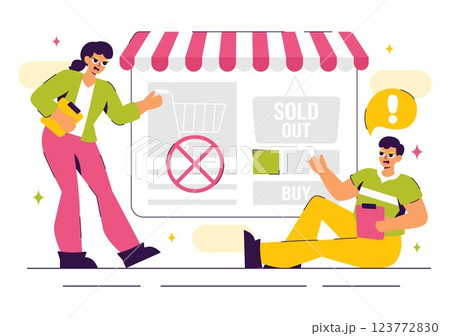 Sold Out Vector Illustration featuring a Shopping Message or Special Offer Indicating Product Unavailability in a Flat Style Cartoon Background Sold Out Vector Illustration featuring a Shopping Message or Special Offer Indicating Product Unavailability in a Flat Style Cartoon Background 123772830