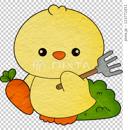 Chicken holding a rake and carrots 123772851