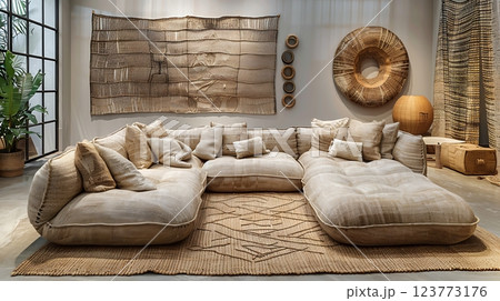 Sunlit neutral-toned lounge with soft furnishings and plants 123773176