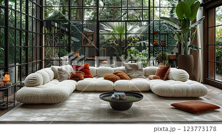 Cozy Living Area Surrounded by Glass Walls 123773178