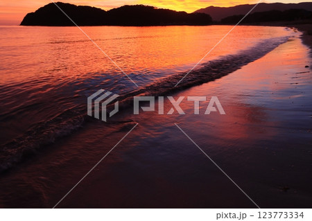 島の綺麗なビーチの朝焼け 123773334