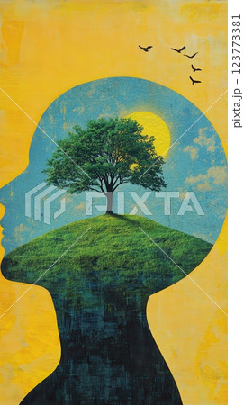 Abstract double exposure of a human silhouette with a tree and nature inside, symbolizing mindfulness 123773381