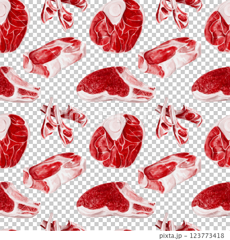 Raw fresh meat of beef, pork, lamb and horse meat. Seamless pattern with different types of meat. Meat on the bone and fillet. Watercolor illustration isolated from background.  123773418