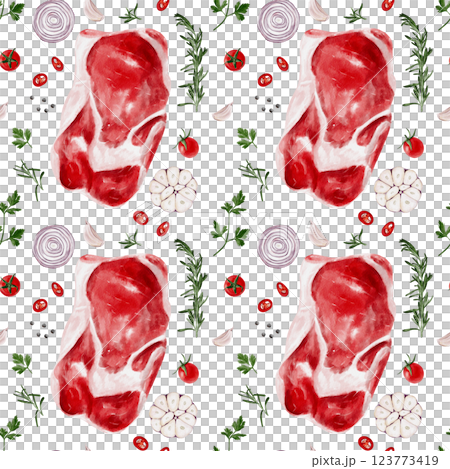 Seamless pattern with meat and spices. Everything for cooking steak. Watercolor illustration isolated from the background. Hand drawing. Vegetables and spices for food. Juicy raw piece of meat.  123773419
