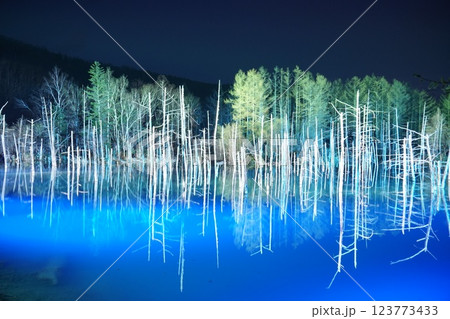 北海道美瑛の青い池 冬の夜の光輝くライトアップ 北海道美瑛の青い池 冬の夜の光輝くライトアップ 123773433