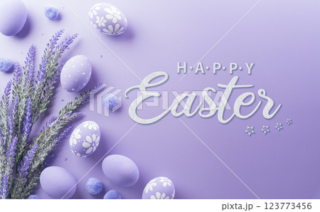 Happy easter! Colourful Easter eggs on pastel background. Decoration concept for greetings and presents on Easter Day celebrate time. 123773456