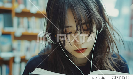 ヘッドホンをつけた若いアジア人女性のカジュアルポートレート 123773510