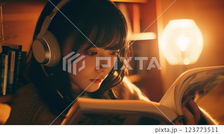 ヘッドホンをつけた若いアジア人女性のカジュアルポートレート 123773511