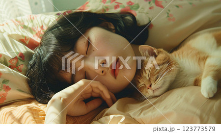 女性と猫の寝顔 - 穏やかでリラックスしたベッドルームシーン 123773579