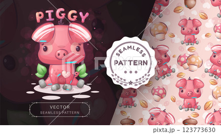 Seamless pattern cartoon character adorable pig, pretty animal idea for print t-shirt, poster and kids envelope, postcard. Cute piggy style monkey Seamless pattern cartoon character adorable pig, pretty animal idea for print t-shirt, poster and kids envelope, postcard. Cute piggy style monkey 123773630