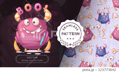 Seamless pattern cartoon character adorable monster, pretty boo idea for print t-shirt, poster and kids envelope, postcard. Cute hand drawn style monster Seamless pattern cartoon character adorable monster, pretty boo idea for print t-shirt, poster and kids envelope, postcard. Cute hand drawn style monster 123773642
