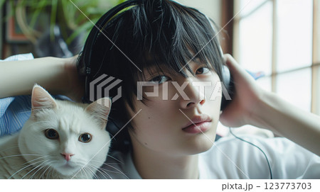 猫とアジア人男性の室内ポートレート 123773703