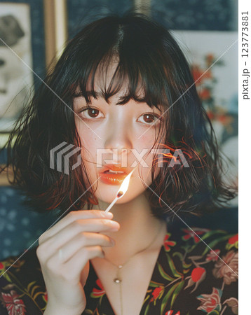 マッチを持つ女性のポートレート、魅惑的な視線と自然な表情が美しいアジア人女性 123773881