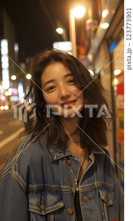 ネオン街で夜に撮影されたアジア人女性のポートレート 123773901