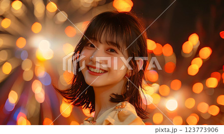 花火を背景にした若いアジア人女性のポートレート 123773906
