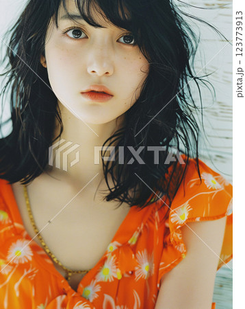 オレンジのドレスを着たスタイリッシュなアジア人女性 123773913