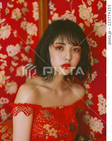 赤いドレスを着たエレガントなアジア人女性 123774153