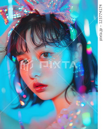 幻想的なキラキラメイクとヘアアクセサリーをつけたアジア人女性 123774174