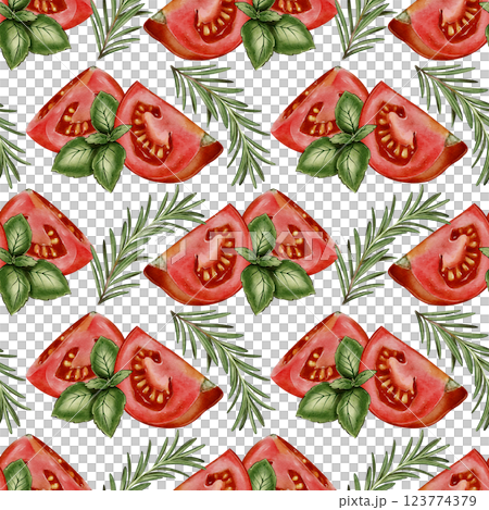 Seamless pattern with tomatoes, basil and rosemary Seamless pattern with tomatoes, basil and rosemary 123774379