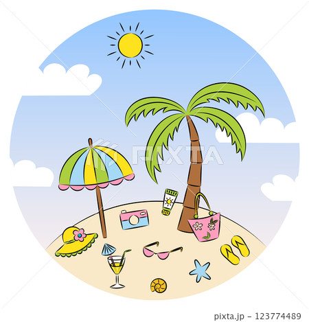Summer card of palm tree with sun and leisure items against blue sky 123774489