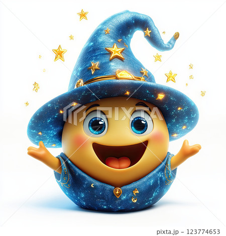cheerful cartoon emoji wearing wizard hat, surrounded by magical stars cheerful cartoon emoji wearing wizard hat, surrounded by magical stars 123774653