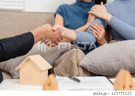 Real Estate Planning. Close-up of handshake and client engagement in property transaction discussions. Real Estate Planning. Close-up of handshake and client engagement in property transaction discussions. 123775125