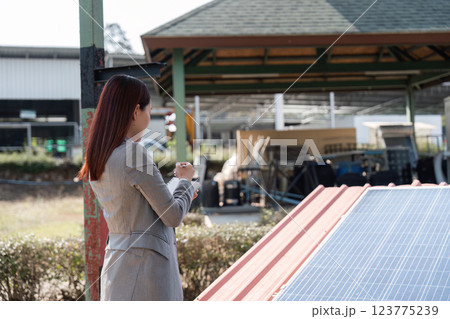 Engaging with solar technology. A professional discussion on renewable energy innovation. 123775239