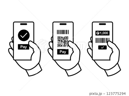 スマートフォンを手に取り電子決済をする線画イラスト 123775294