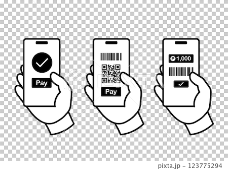 Line drawing illustration of a person holding a smartphone and making an electronic payment Line drawing illustration of a person holding a smartphone and making an electronic payment 123775294