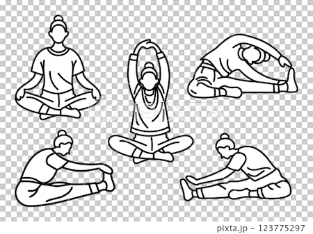 一位女士做瑜珈和伸展運動的黑白簡約插圖 123775297